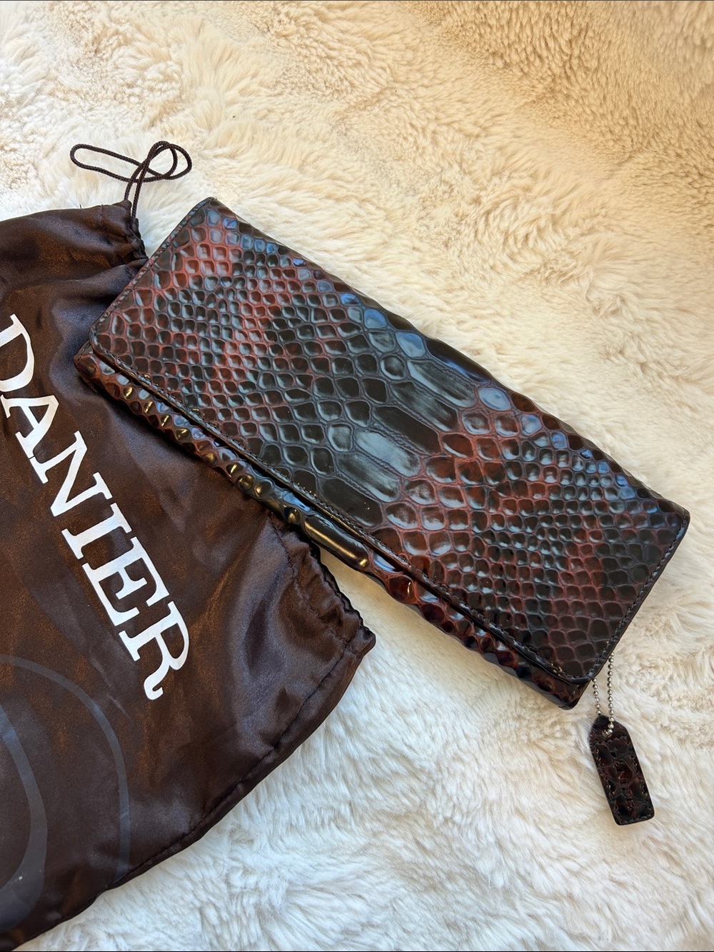 Danier Black and Brown Snake-Embossed Leather Wallet Clutch